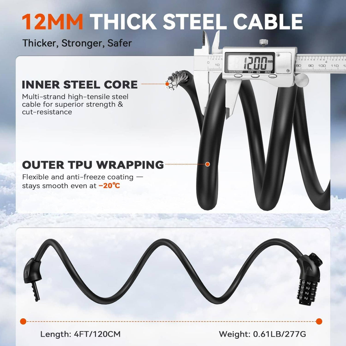 Black 12mm thick steel cable lock with 4-digit combination and length 4ft