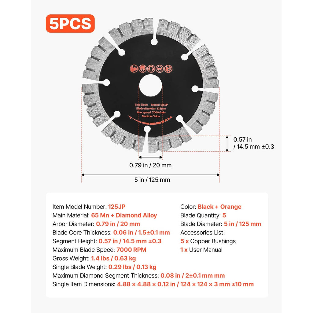 Diamond wall chasing blade set spec diagram with 5 in blade and 0.79 in arbor