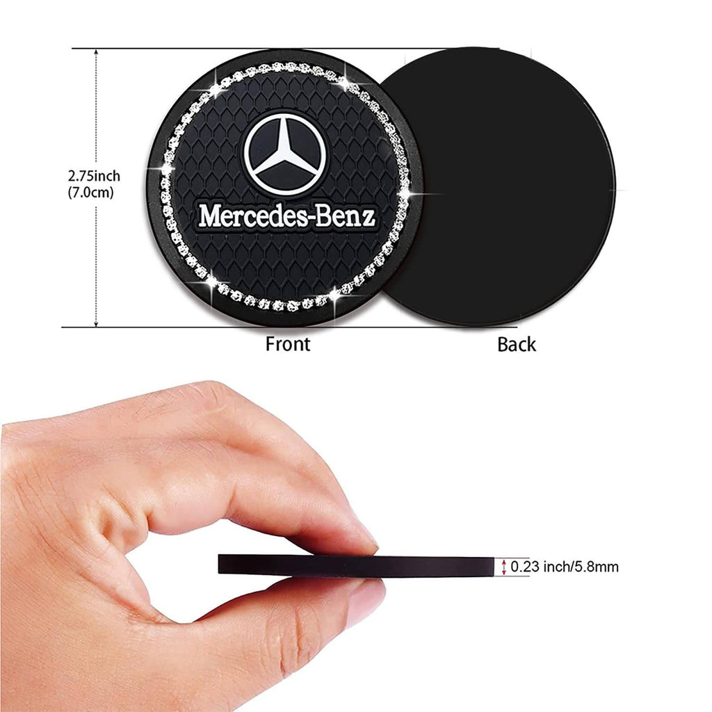 Black oval car cup holder coaster with Mercedes-Benz logo, front and back view