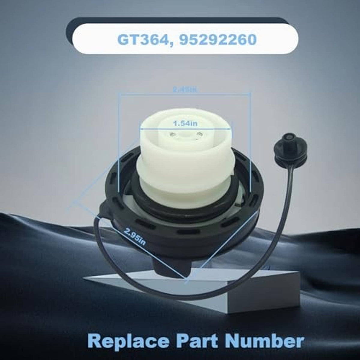 Fuel tank filler cap assembly with white insert and black housing, dimension markers