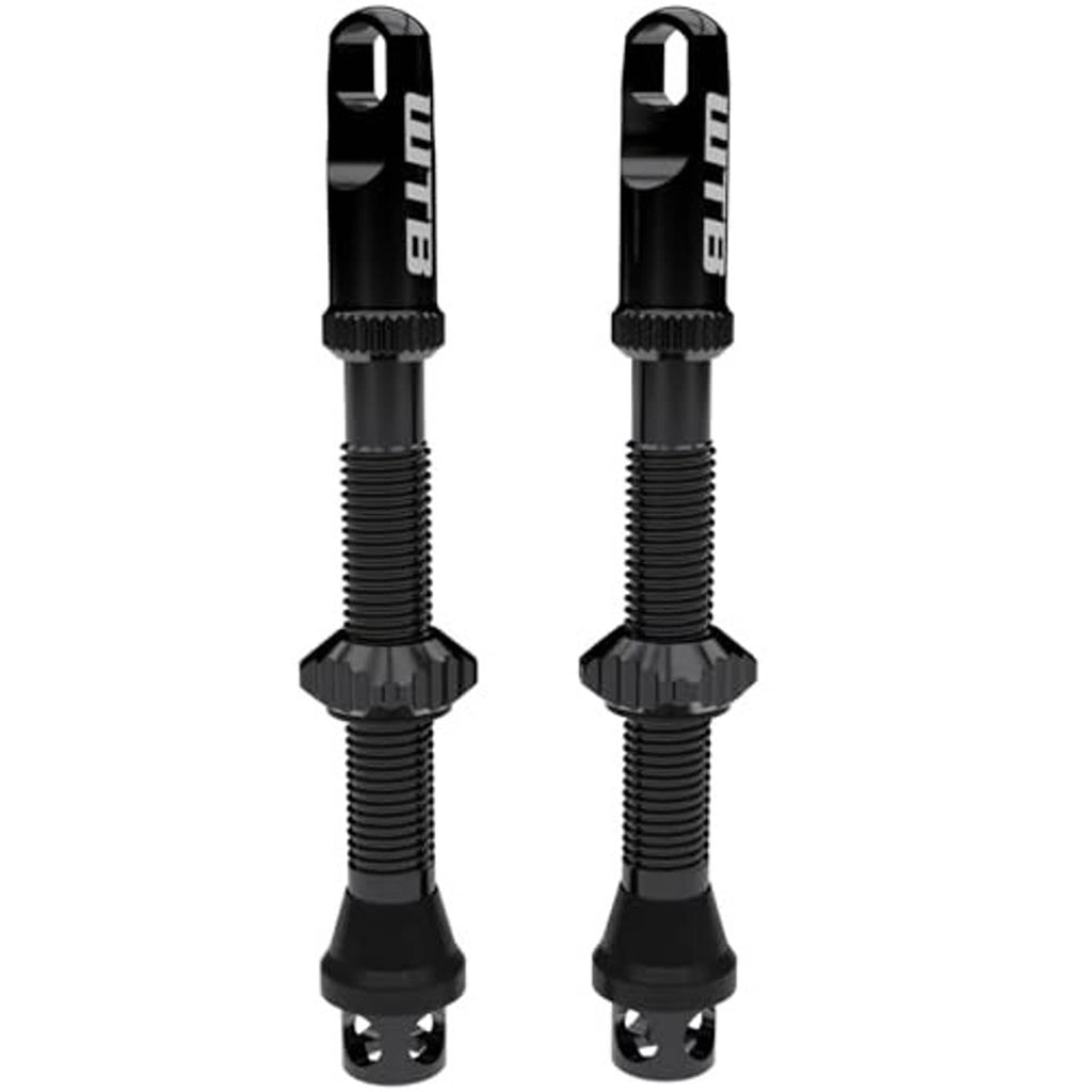 Black alloy Presta tubeless valve stems with knurled lock nuts and protective caps (pair)
