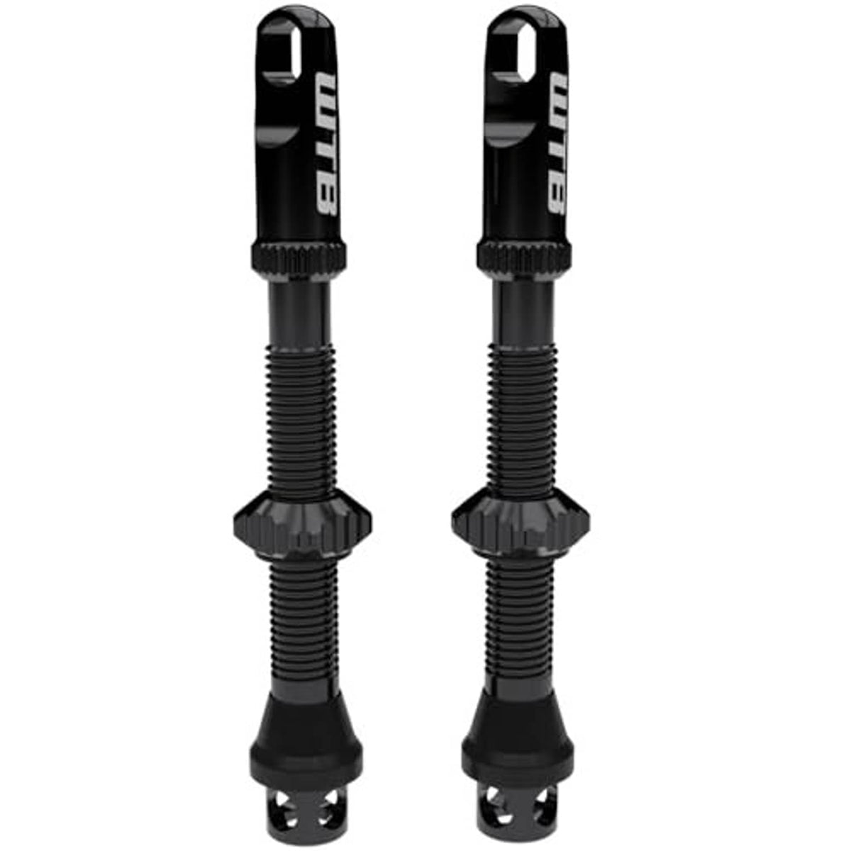 Black alloy Presta tubeless valve stems with knurled lock nuts and protective caps (pair)