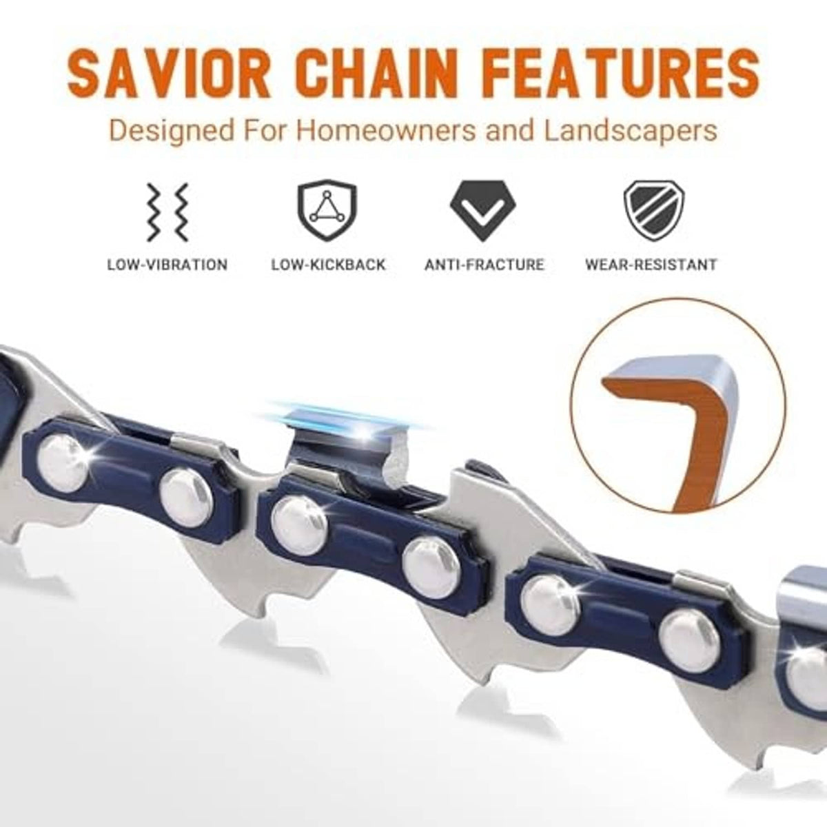 SAVIOR chainsaw chain bar close-up with feature icons