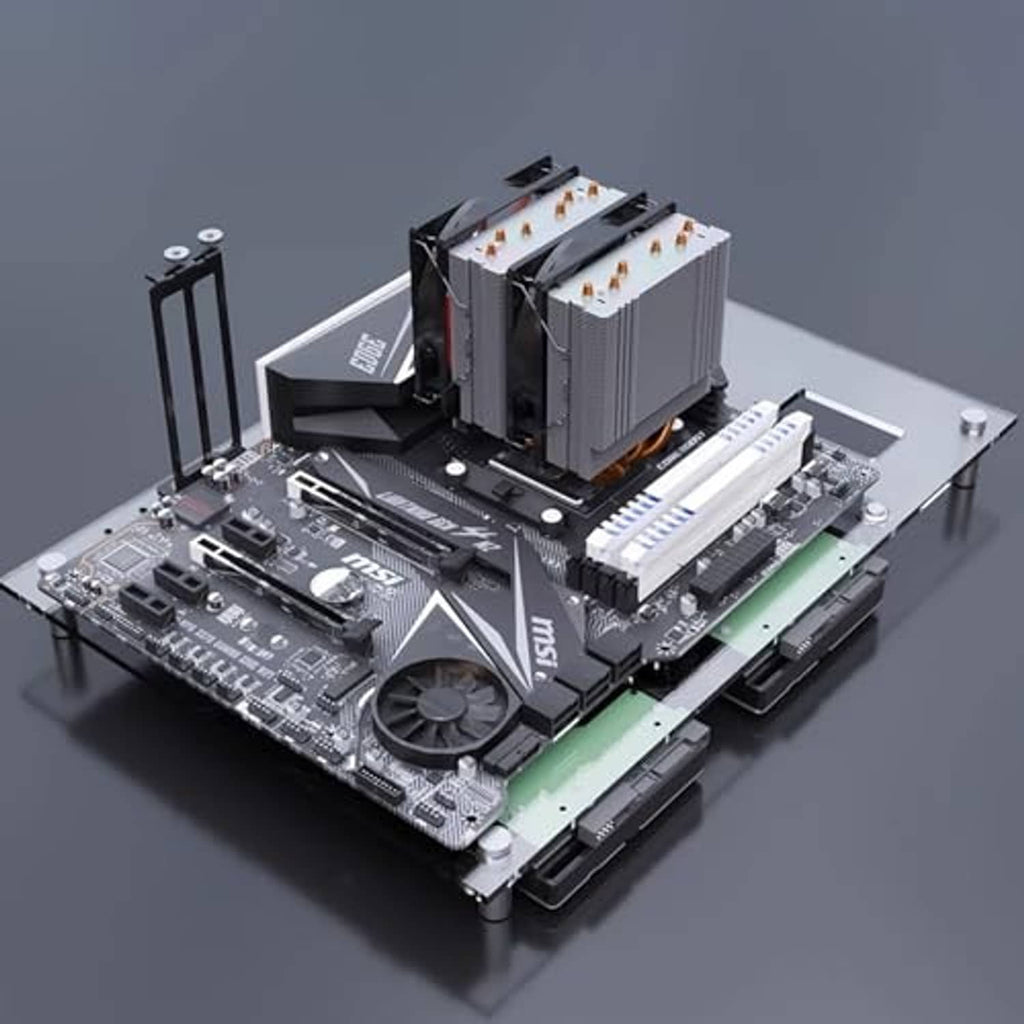 Open-frame motherboard test setup with CPU heatsink, RAM slots, and metal support frame