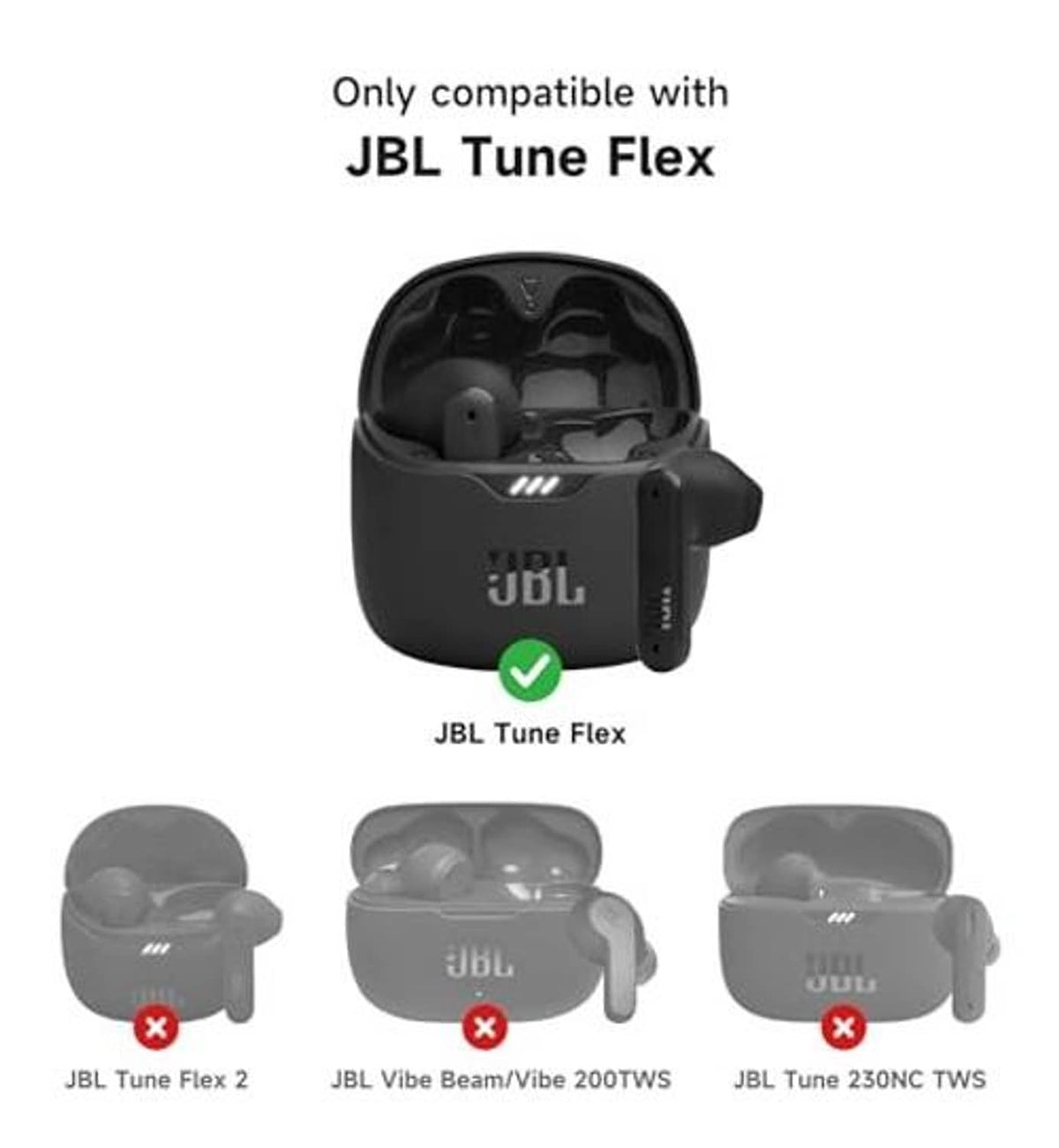 Black JBL Tune Flex-compatible earbuds case with magnetic closure, front view
