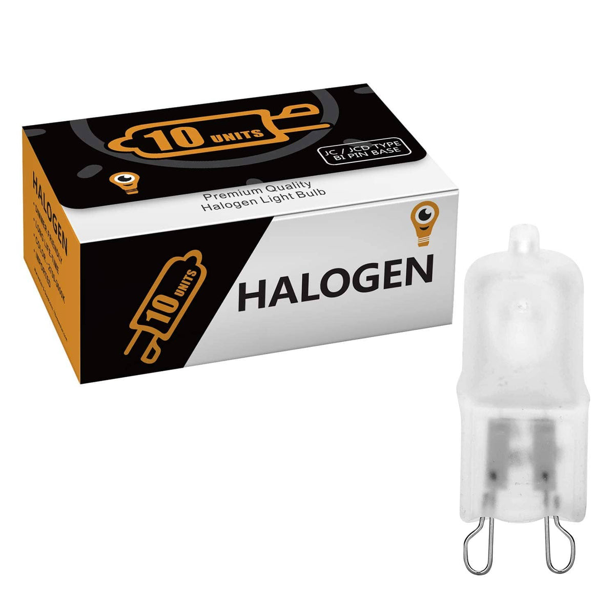 Halogen light bulb box set with frosted capsule bulb, clear base and wire leads