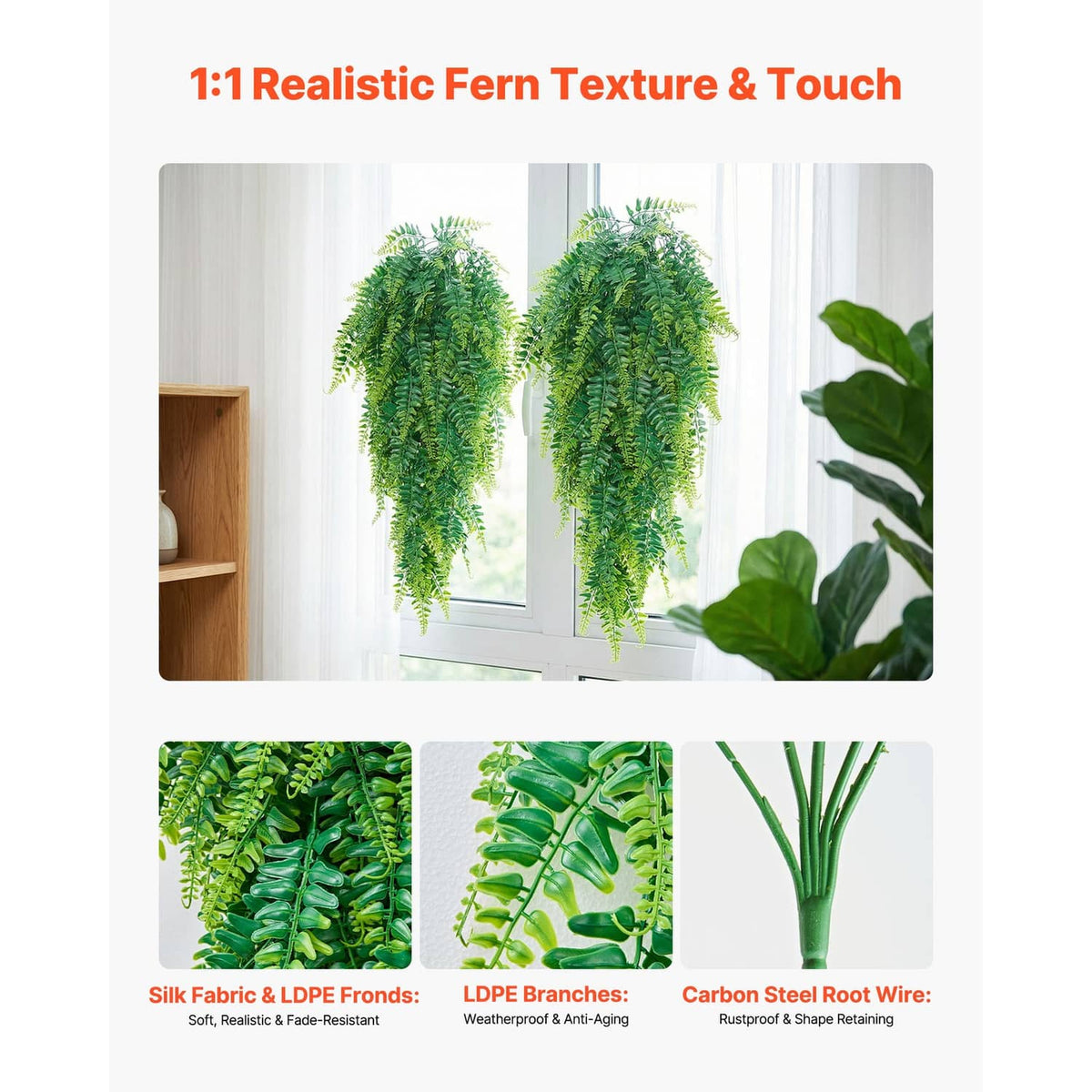 Artificial hanging Boston fern bushes with layered green fronds, set of multiple
