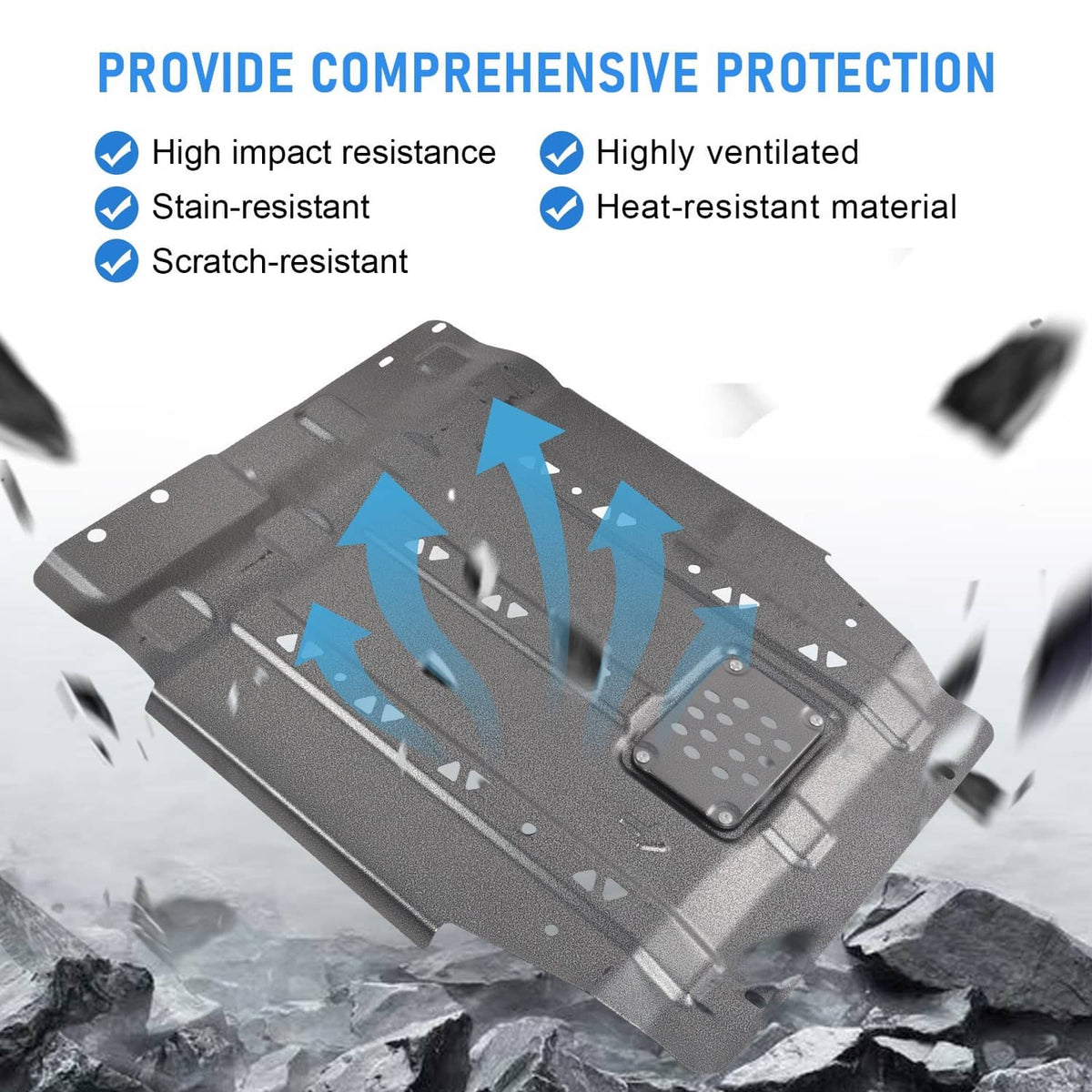 Dark gray transmission skid plate with perforated vent insert and reinforced channels