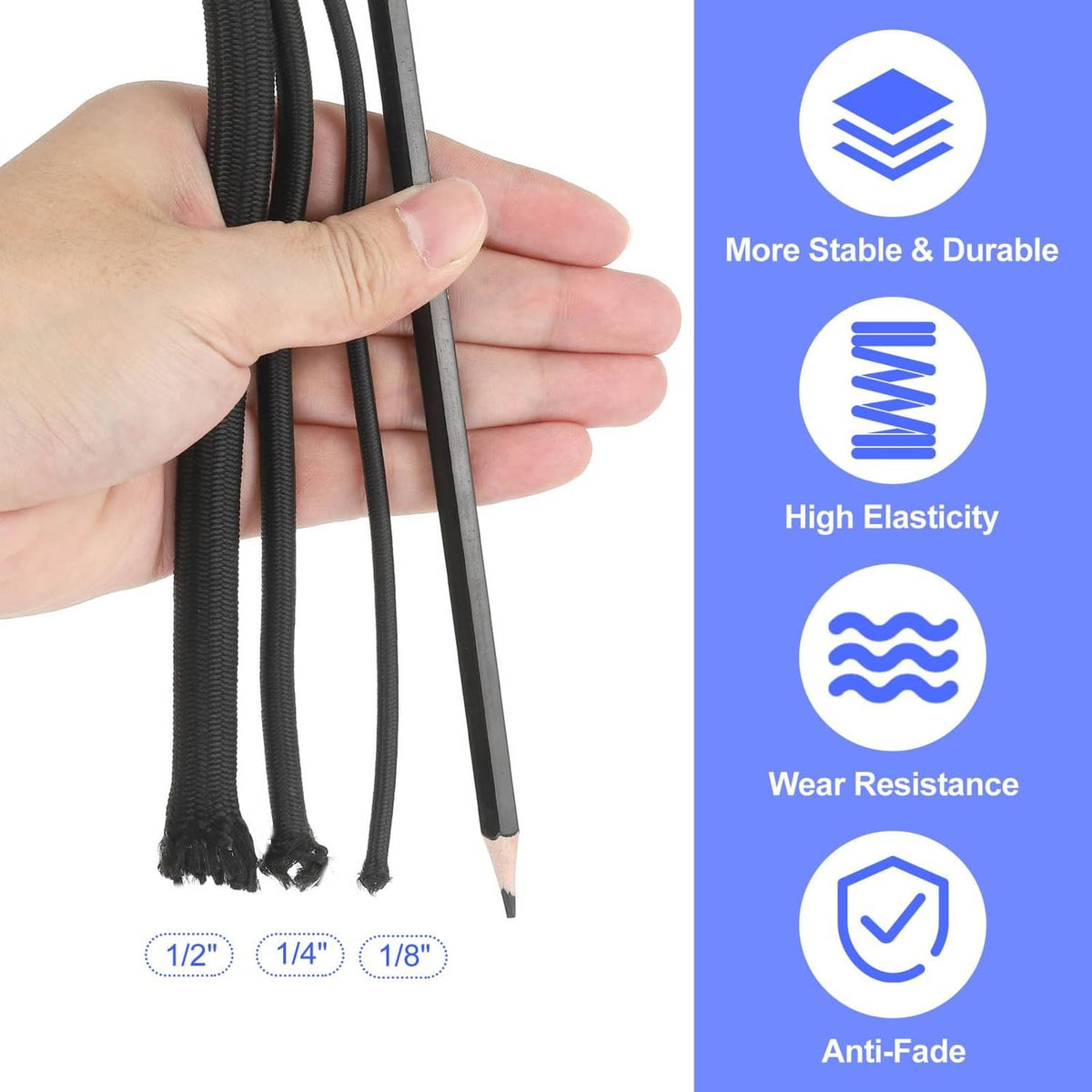 Set of black bungee shock cords with multiple thicknesses shown