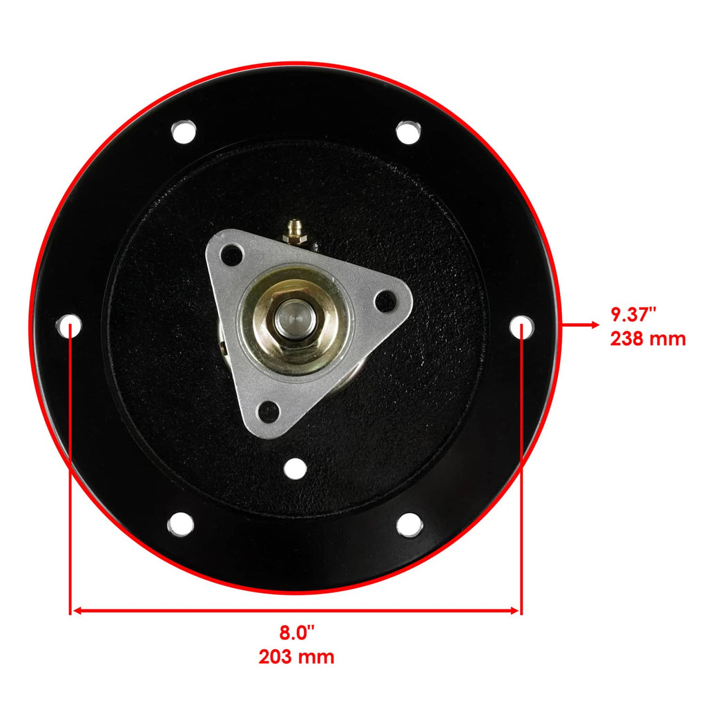 Black spindle pulley face with center bolt and circular mounting holes, view from above
