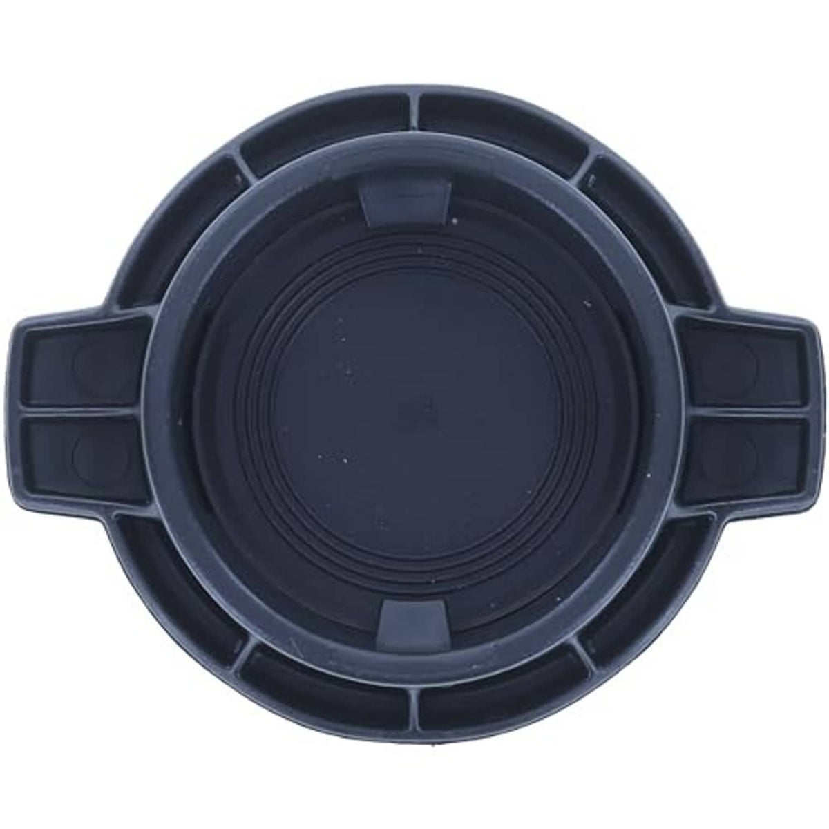 Engine coolant reservoir cap, underside view with circular seal area and four support tabs.