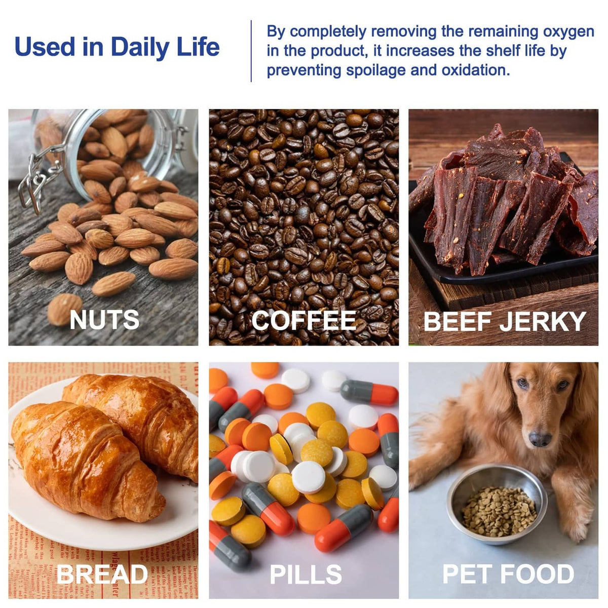 Oxygen absorbers for storing nuts, coffee, beef jerky, bread, pills, and pet food