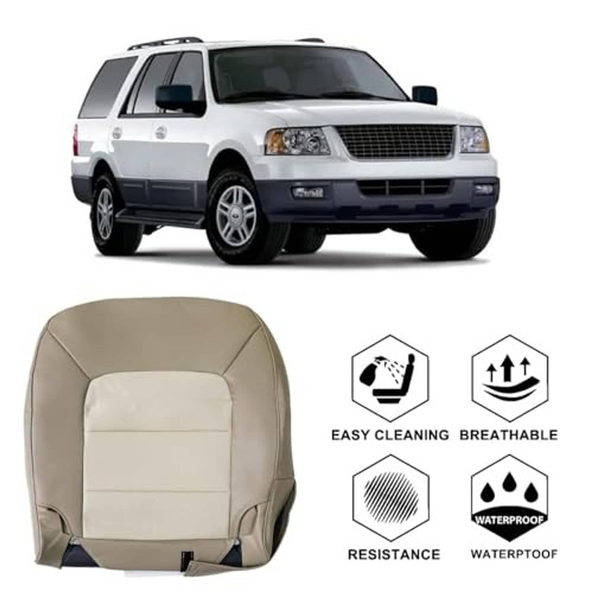 Tan two-tone front driver seat cover with padded center insert and side edges.
