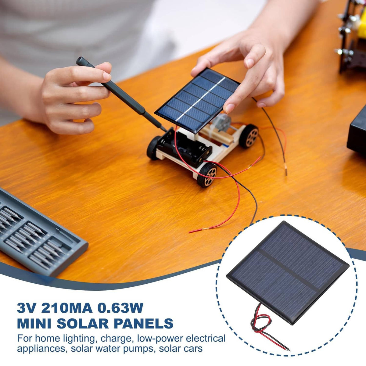 Mini solar panel with red and black wiring mounted on a small device