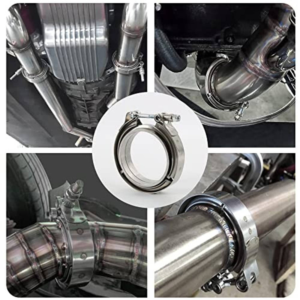Stainless steel V-band clamp kit connecting exhaust pipes at a flange joint