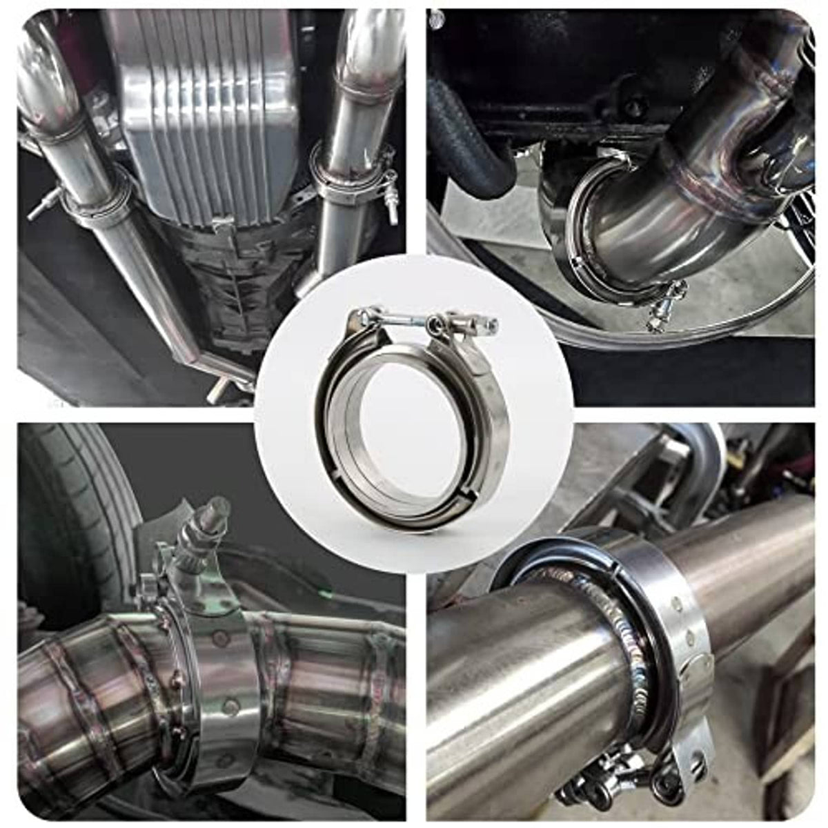 Stainless steel V-band clamp kit connecting exhaust pipes at a flange joint