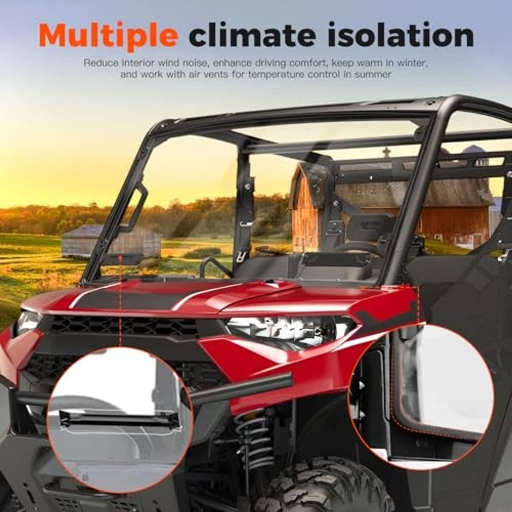 Front UTV windshield with clear panel and black frame on red off-road vehicle