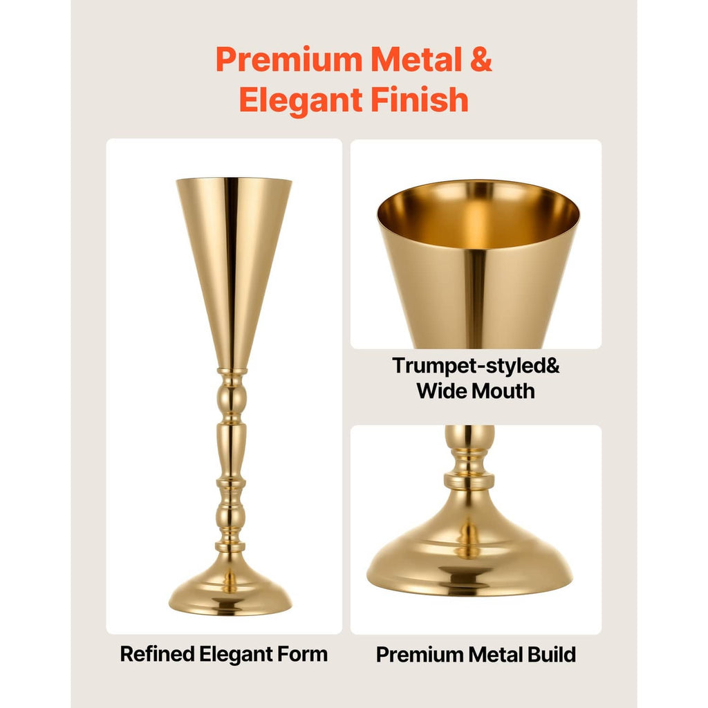 Gold trumpet-style vase with wide mouth, ribbed stem, and round pedestal base