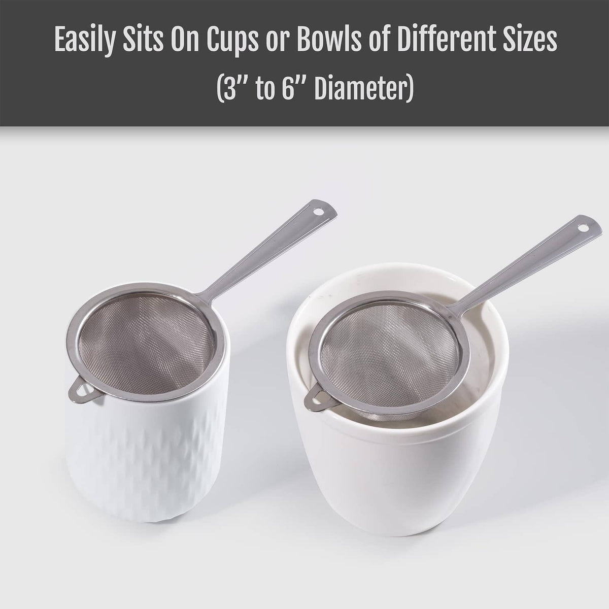 Stainless steel fine-mesh tea sifter with long handle and round cup