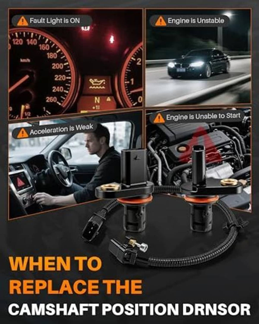 Camshaft crankshaft position sensor with black connectors, orange seal rings, wiring harness
