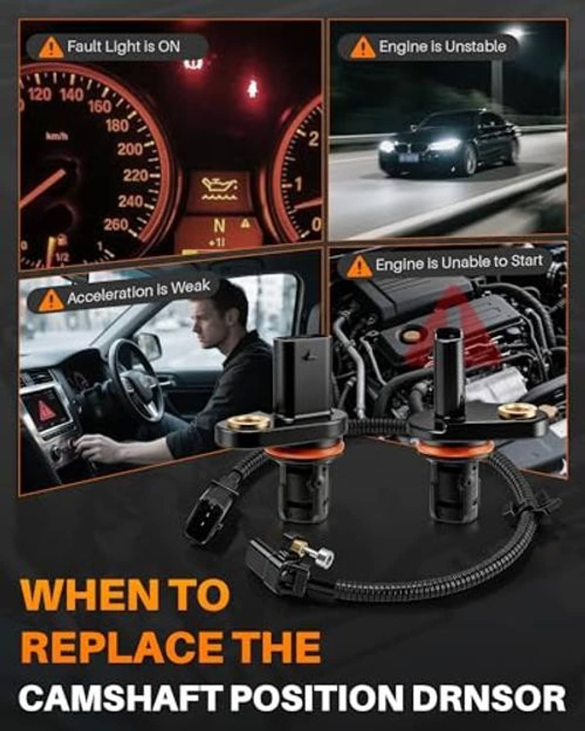 Camshaft crankshaft position sensor with black connectors, orange seal rings, wiring harness