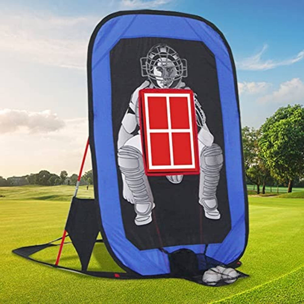 Blue-and-black pitching target net with a red rectangular strike zone screen.