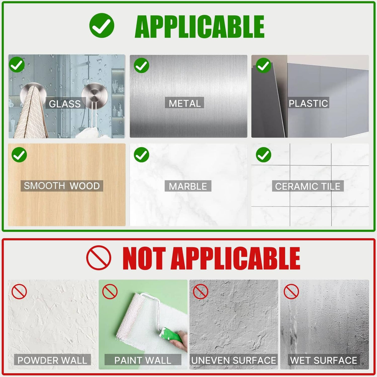 Silver suction cup hooks shown as compatible with glass, metal, plastic, and tile