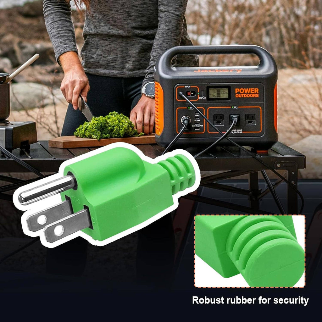 Green generator grounding plug attached to a portable power station on outdoor setup