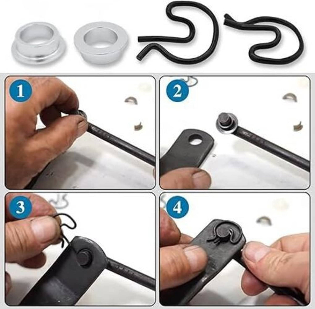 Manual transmission shifter bushing kit installation steps with spring clips and rings