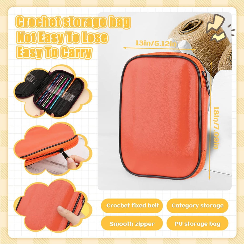 Orange crochet storage bag with zipper opening holding multiple colorful crochet hooks.