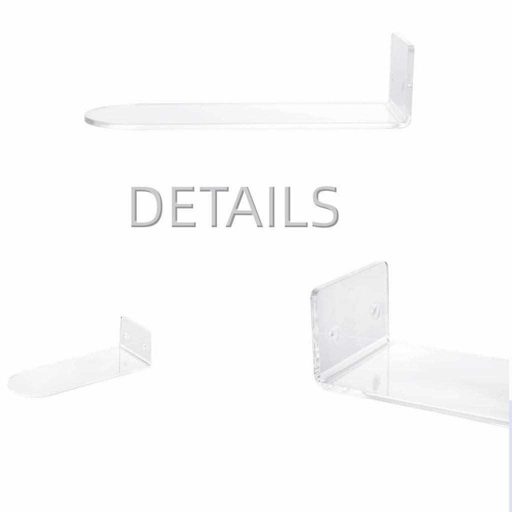 Clear floating shoe shelf with corner mount bracket for wall display