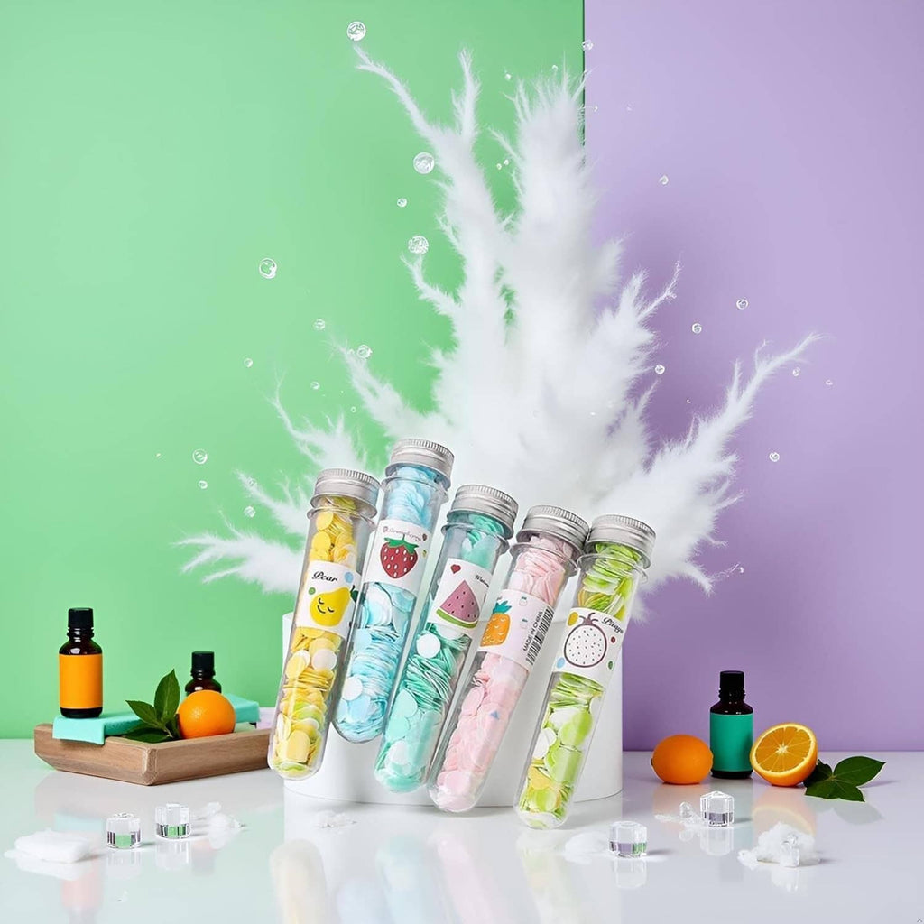Portable soap confetti tubes with water splash, five clear fruit-themed bottles