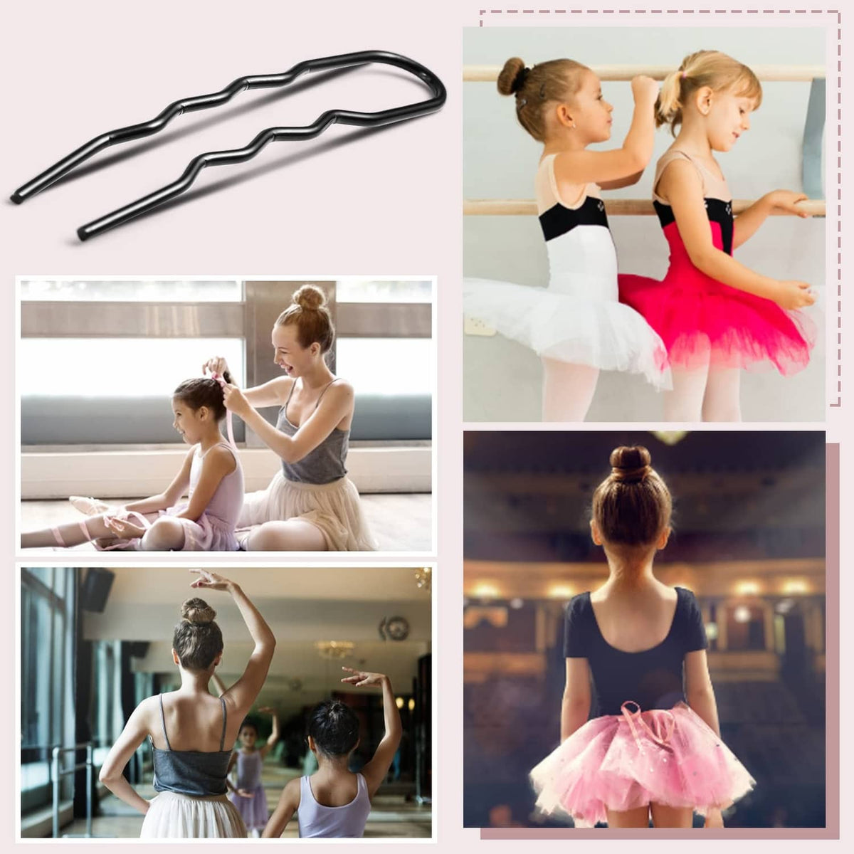 Ballet-style bun hairstyles using black 3-inch U-shaped hair pins