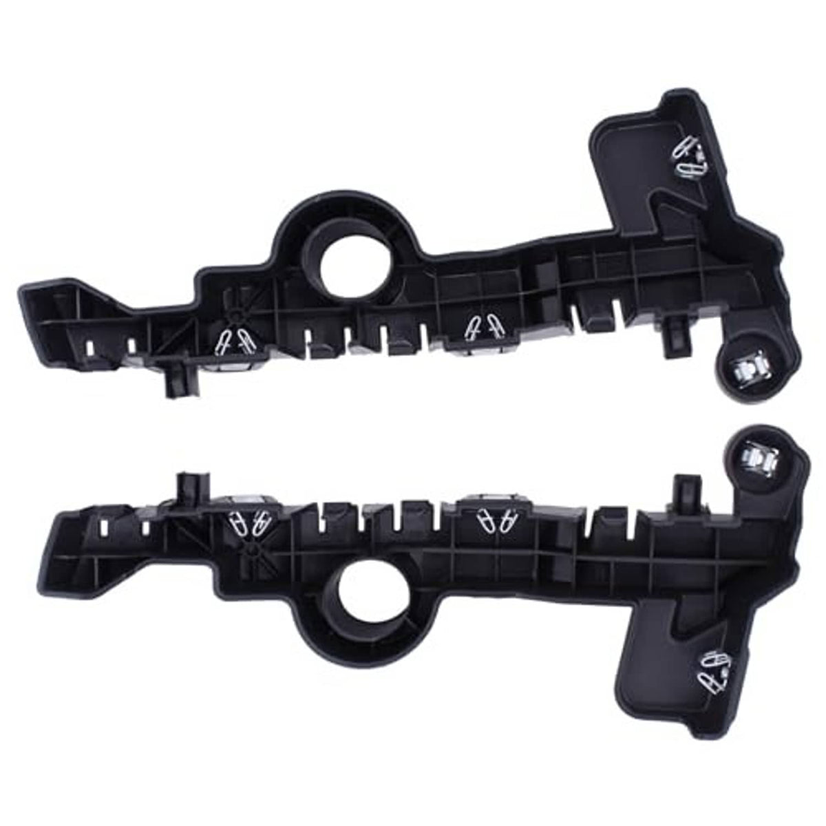 Black plastic bumper bracket guide with embedded tabs and circular opening