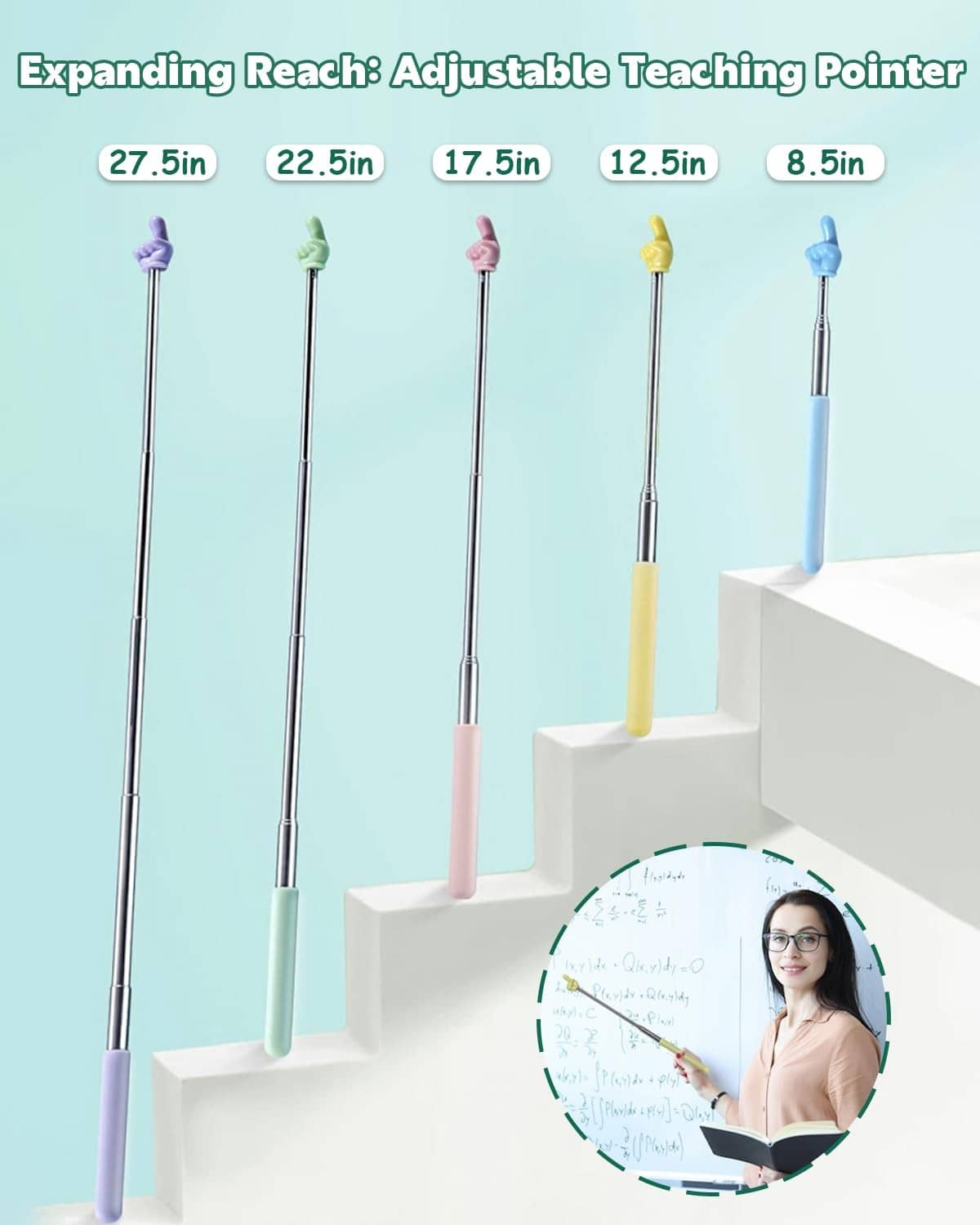 Set of retractable teacher pointers with different colored tips and lengths