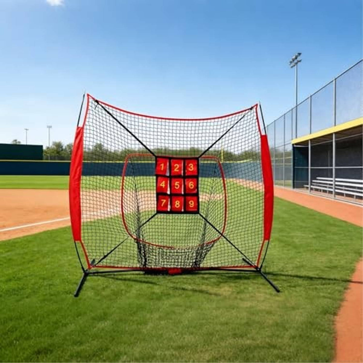 Red and black strike zone target hole net with numbered squares on a baseball field