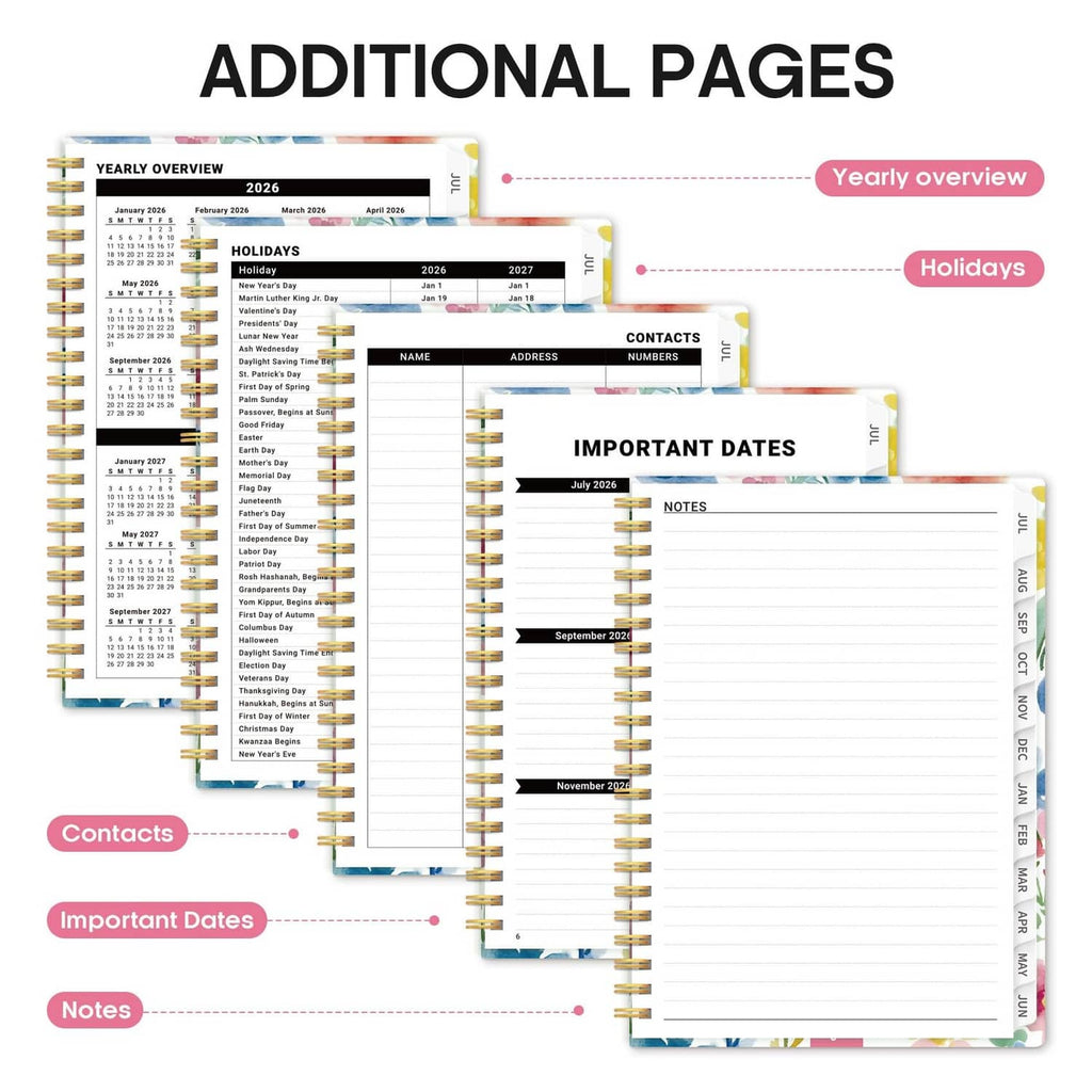 Planner with additional pages, including contacts and important dates sections