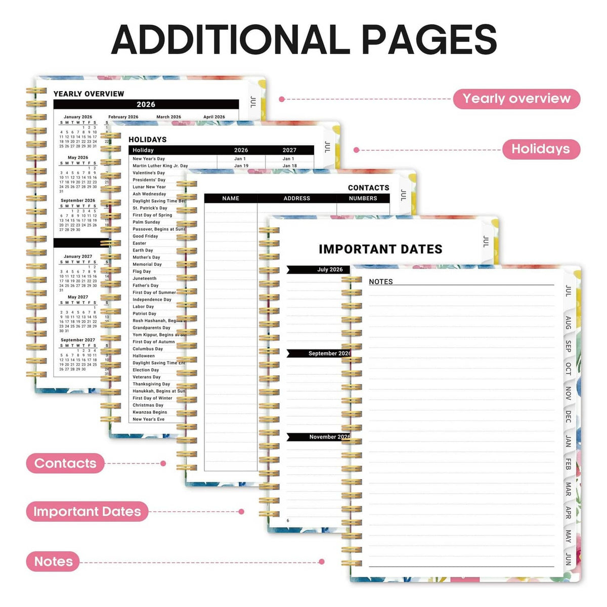 Planner with additional pages, including contacts and important dates sections