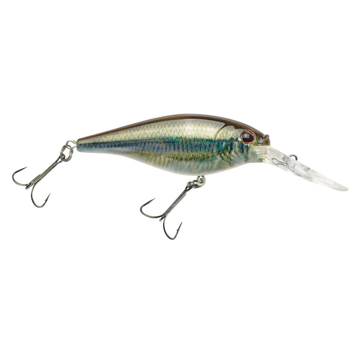 Blue-green and silver minnow crankbait fishing lure with two treble hooks