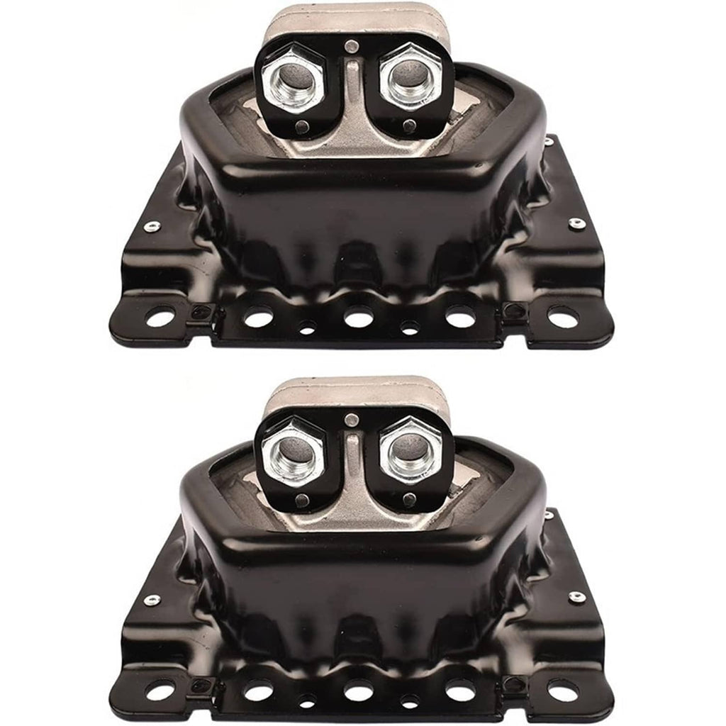 Two black engine mounts with silver top plates and four-center mounting bolts