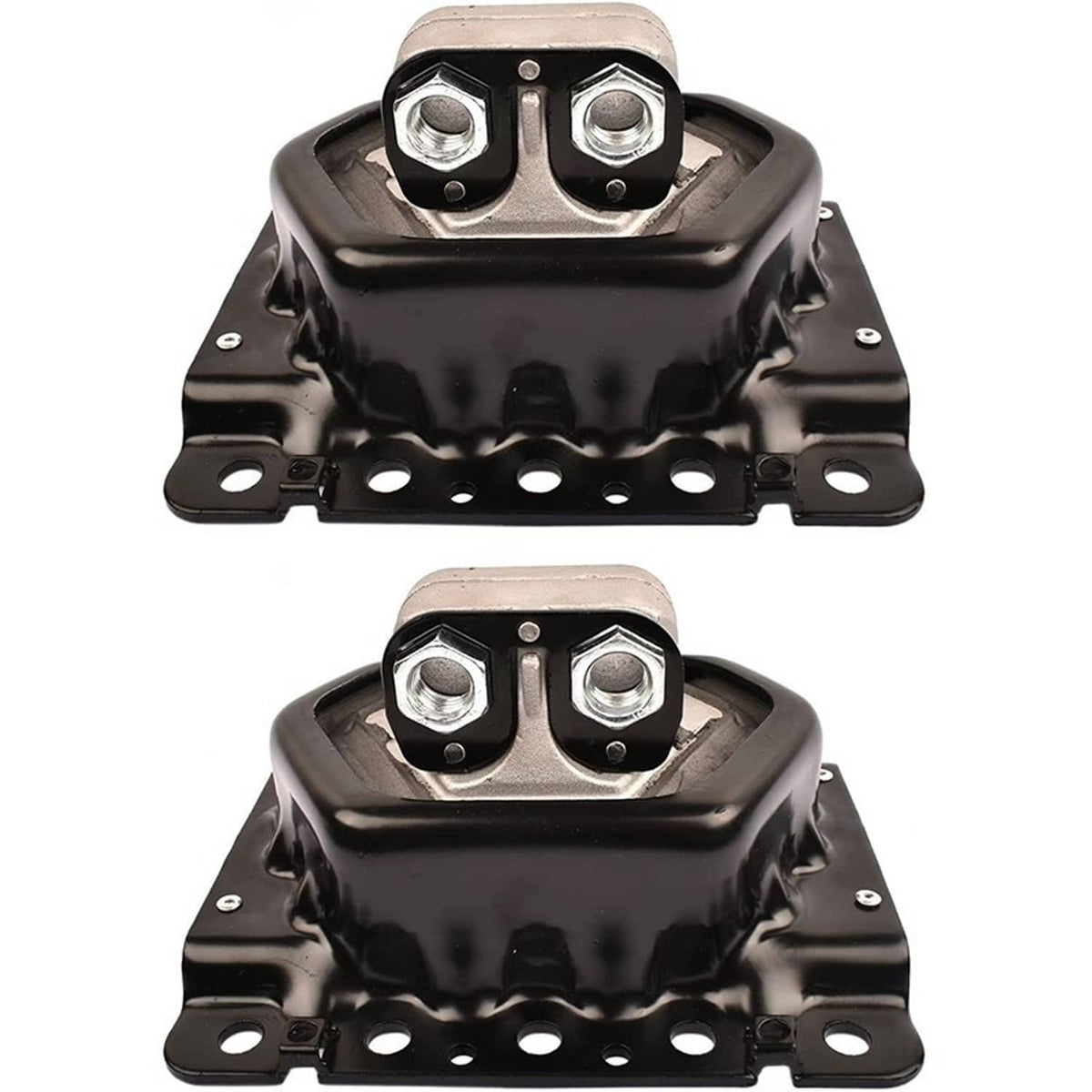 Two black engine mounts with silver top plates and four-center mounting bolts