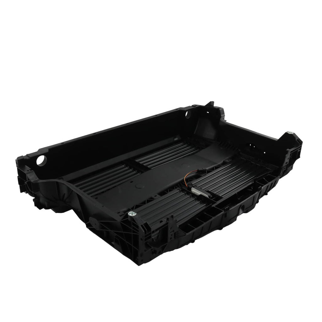 Air shutter grille housing base, black plastic with recessed channels and wiring port