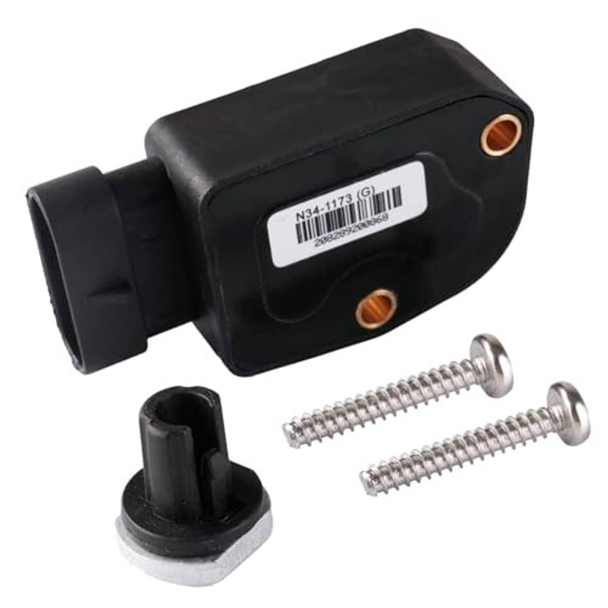 Black throttle sensor with electrical connector opening and two mounting screws