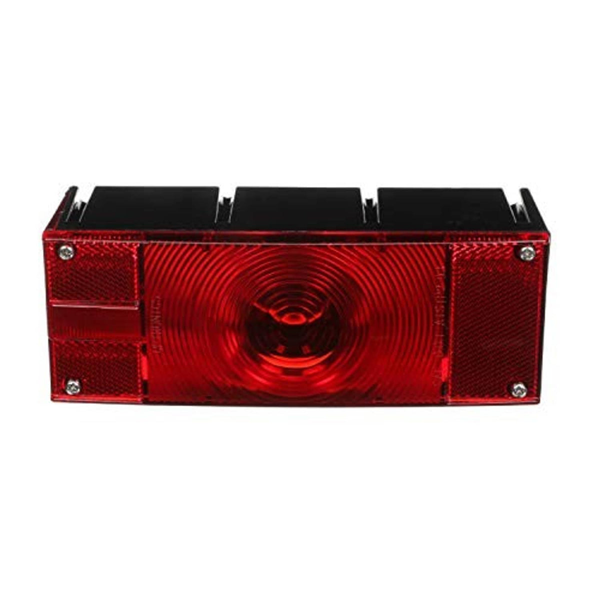 Red rectangular tail light with center circular lamp and black top mounting clips