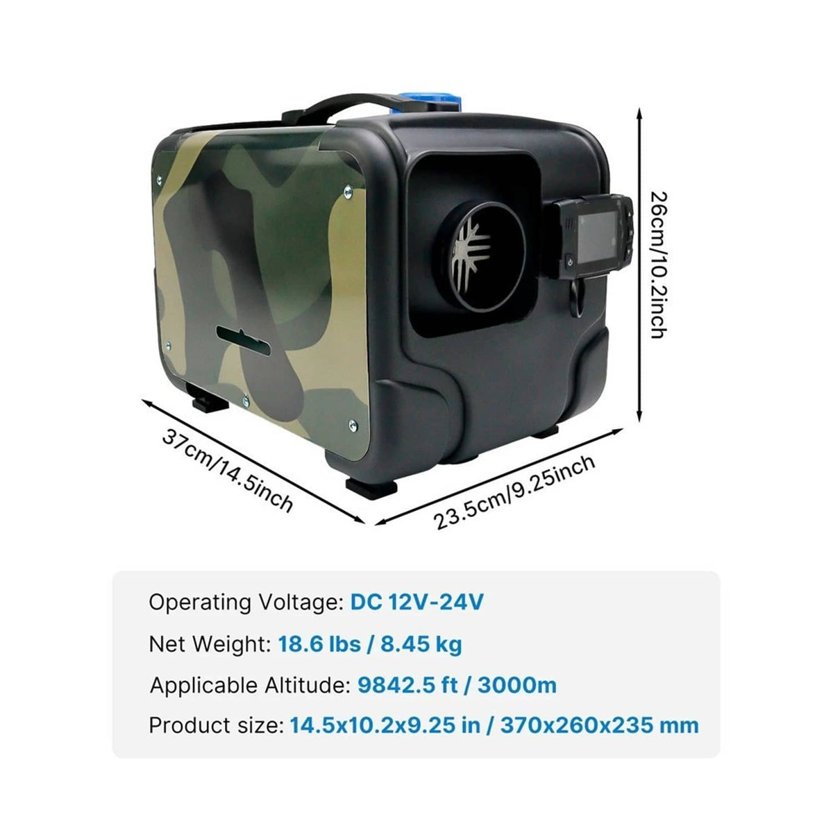 Camouflage diesel air heater with top blue cap and side control box, size diagram