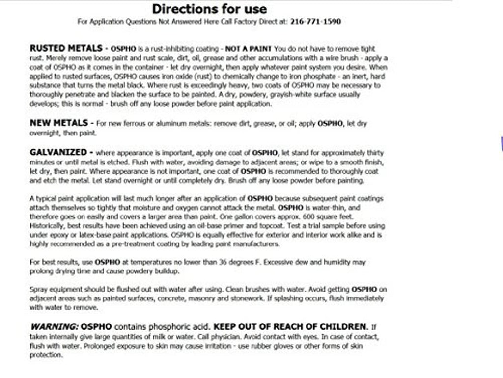 Green OSPHO metal treatment bottle with close-up directions text panel