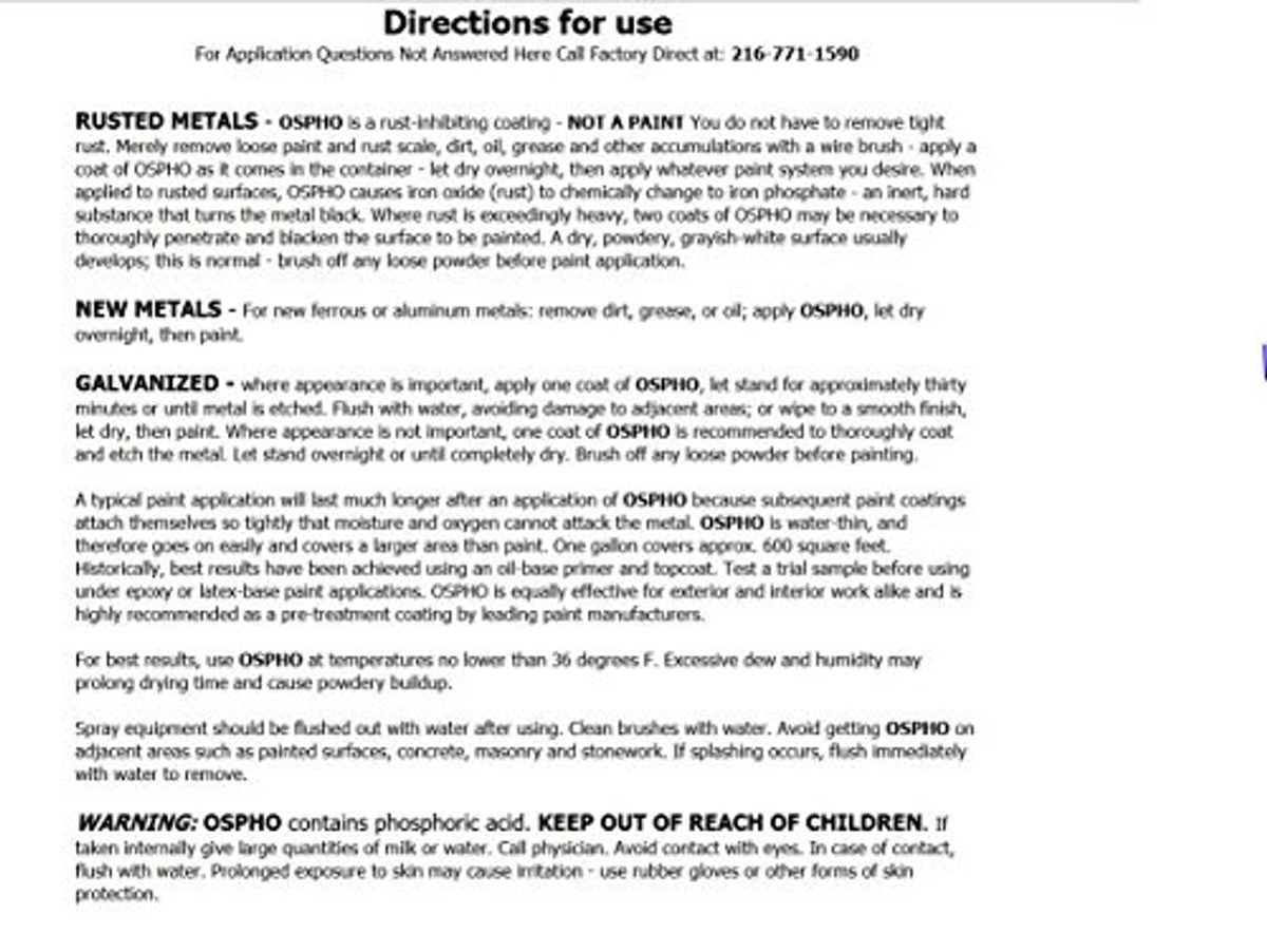 Green OSPHO metal treatment bottle with close-up directions text panel