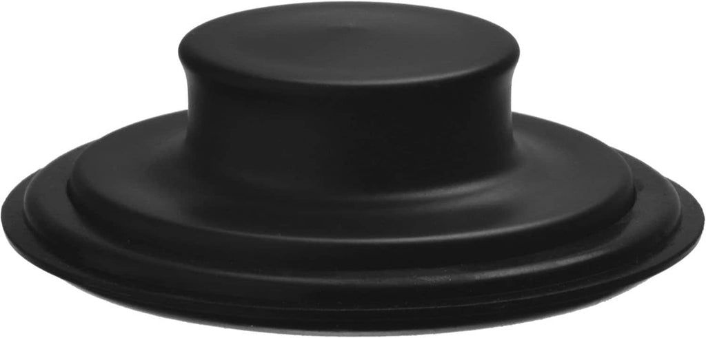Black rubber kitchen garbage disposal sink stopper plug with raised center cap and rim