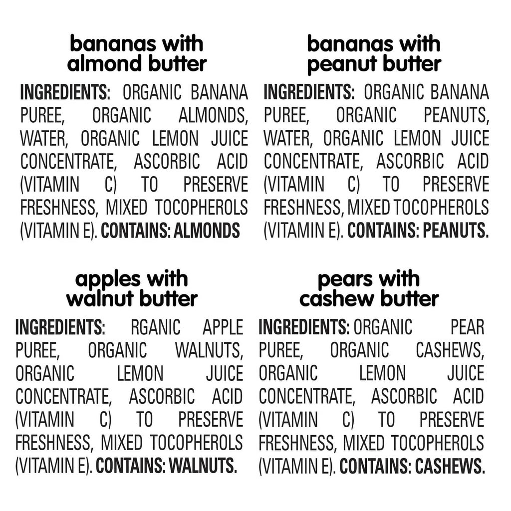Ingredients list for nut blend pouches, including bananas with almond butter and apples with walnut