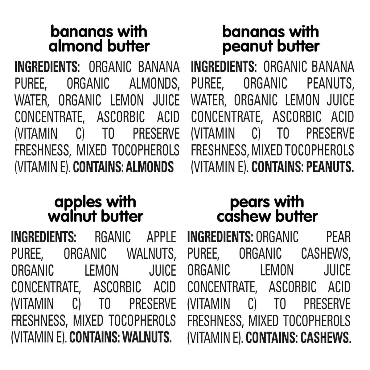 Ingredients list for nut blend pouches, including bananas with almond butter and apples with walnut